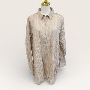 Eileen Fisher 100% Silk Crinkle Plisse Habutai Classic Collar Shirt Wheat NWT